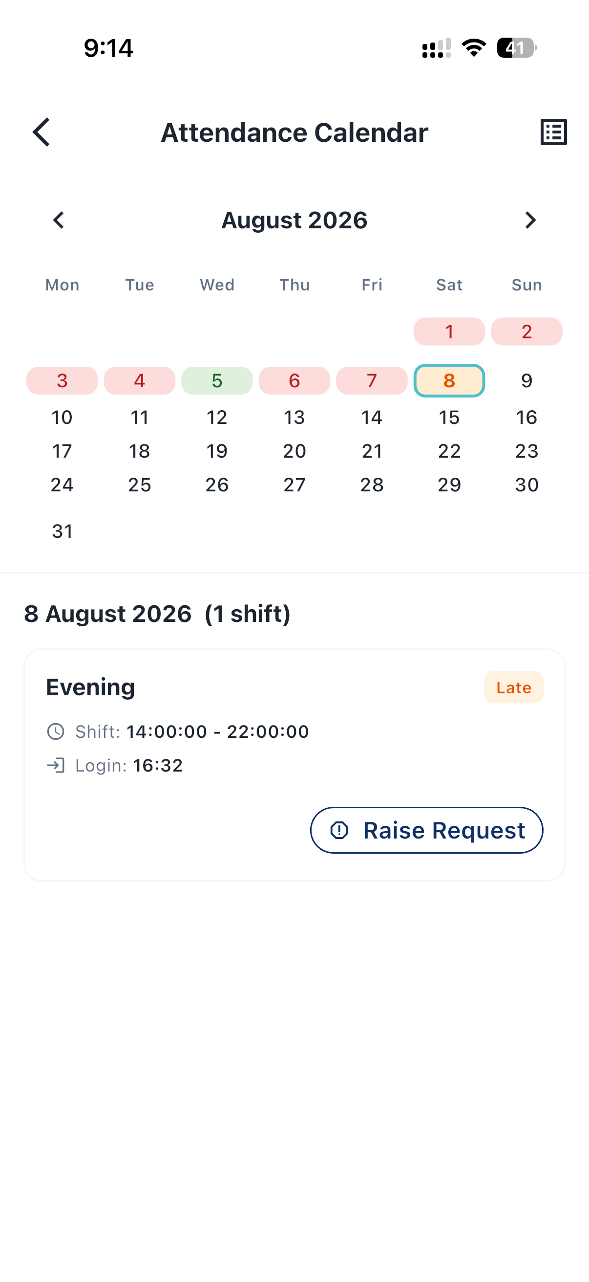 Attendance calendar — shift status and late login on a selected day