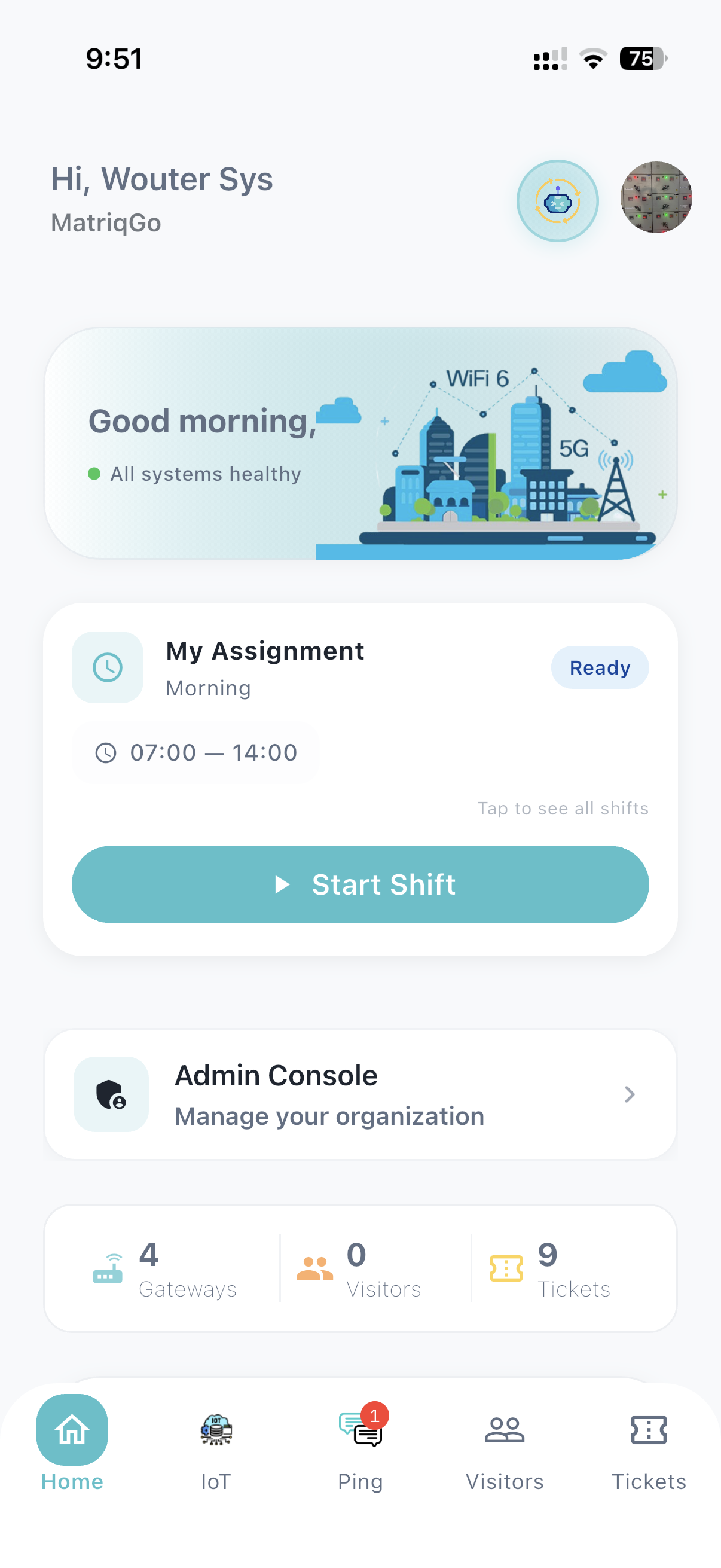 MatriqGo home — start shift when the assignment is ready