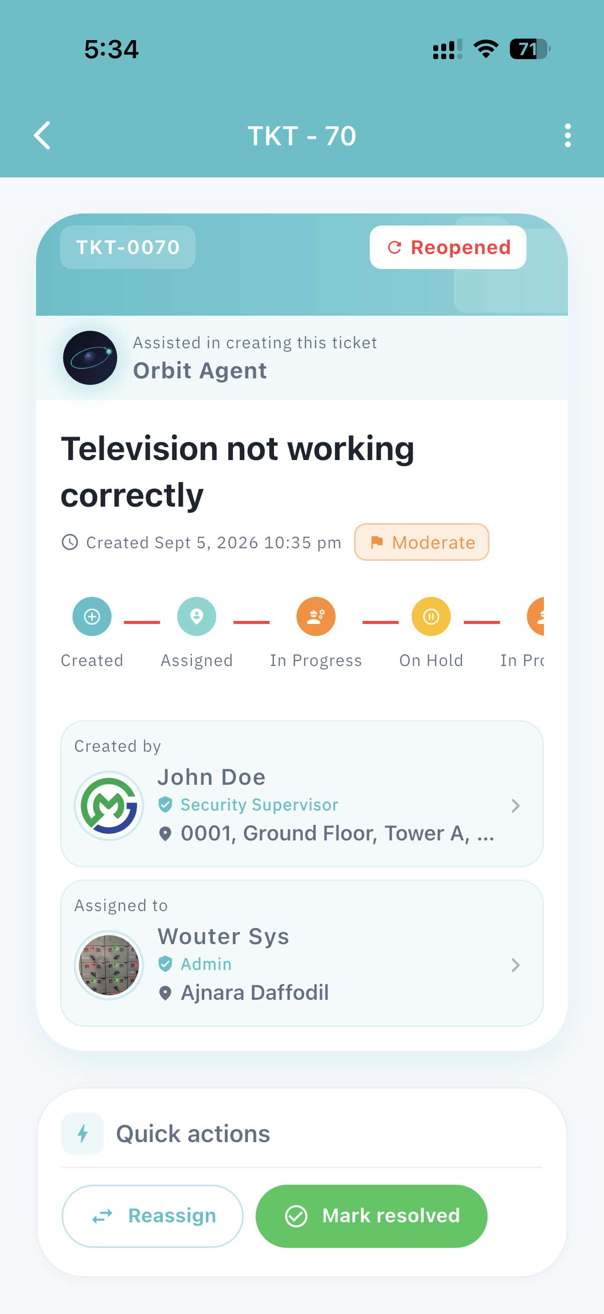 Ticket TKT-70 — Orbit Agent, assignment, and resolve actions