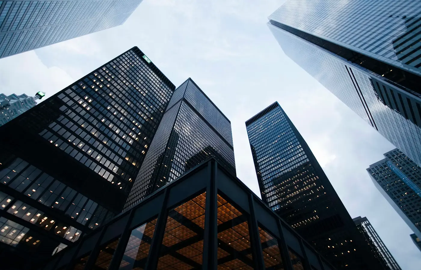 Modern commercial towers at dusk